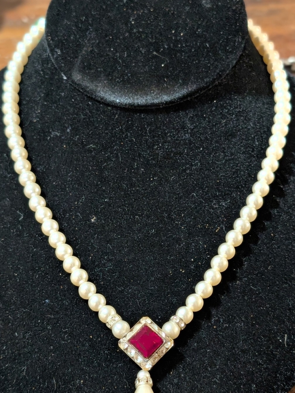 Classic Pearl Necklace with Ruby Accent